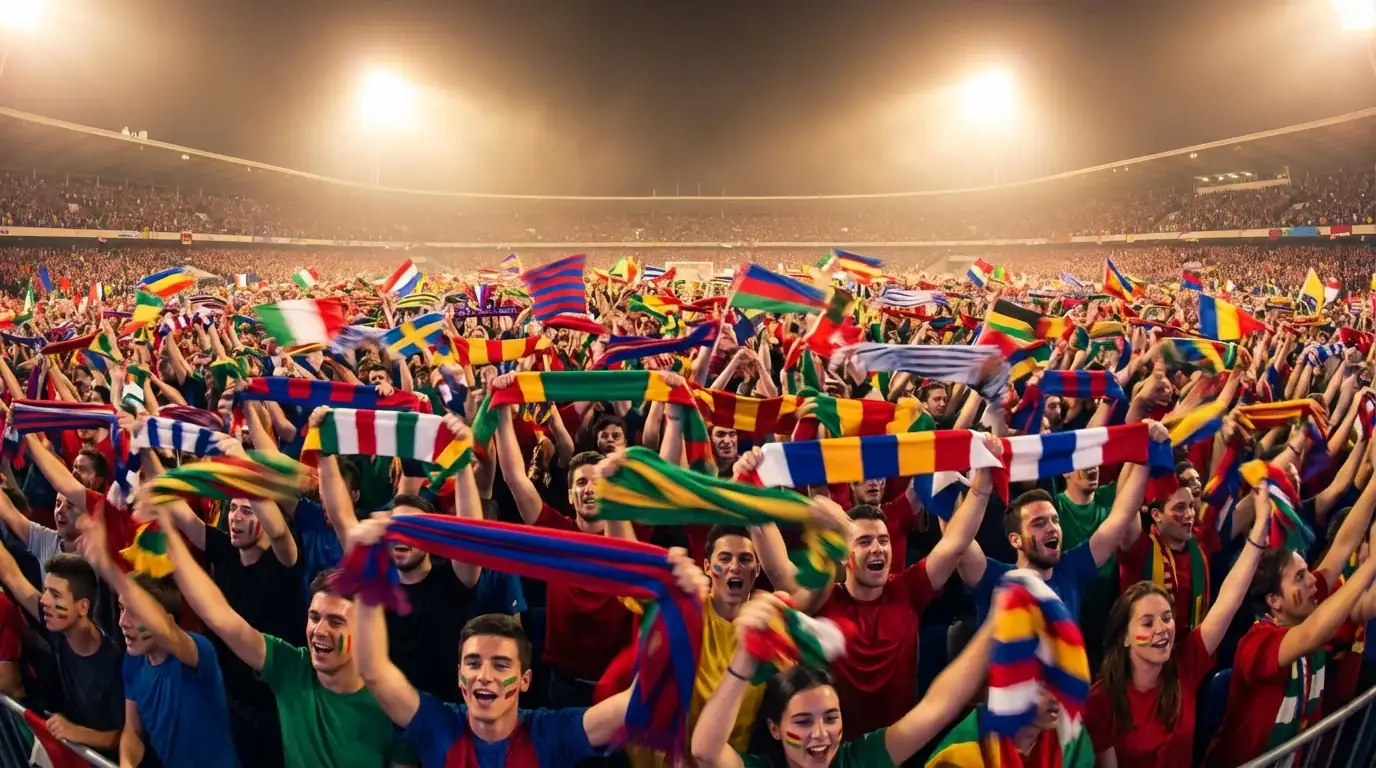 Begeisterte Fußballfans auf der Stadionränge schwenken Fahnen und Schals bei einem internationalen Länderspiel