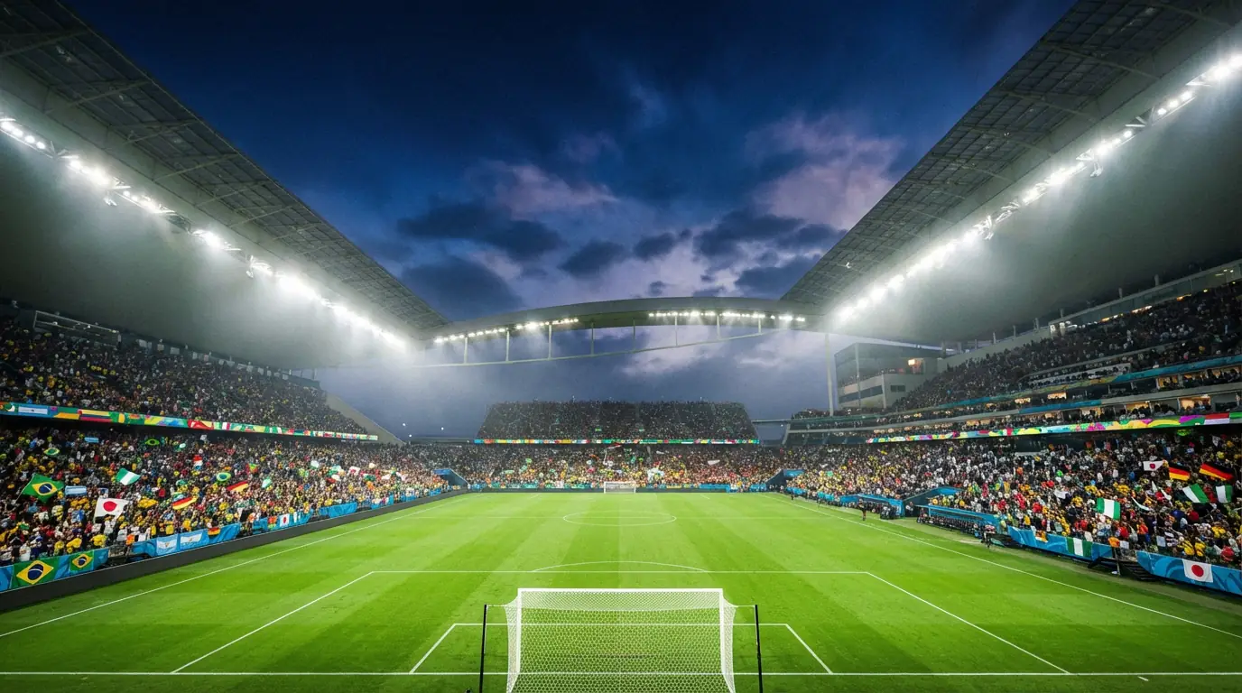 Fußballstadion bei Nacht mit Flutlicht und voll besetzten Rängen vor dem Anpfiff der WM 2026