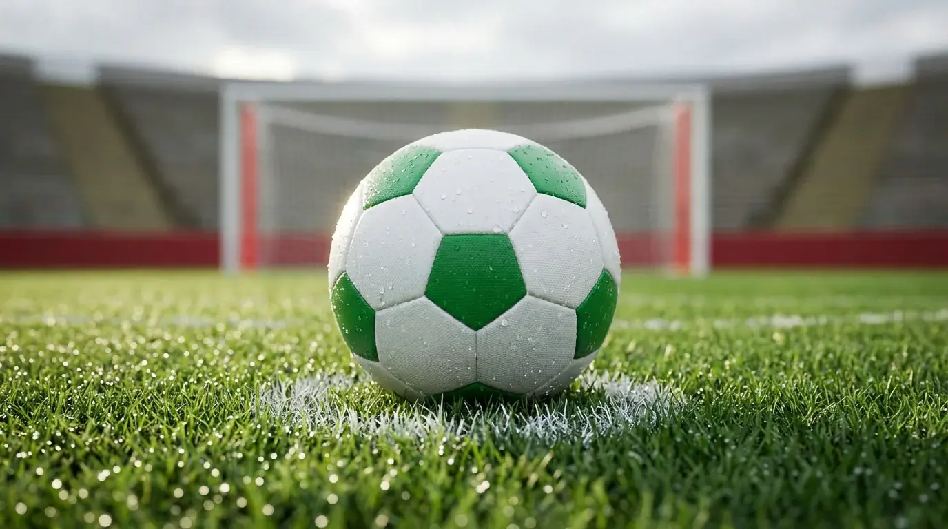 Nahaufnahme eines Fußballs auf gepflegtem Rasen mit Spielfeldmarkierungen im Hintergrund