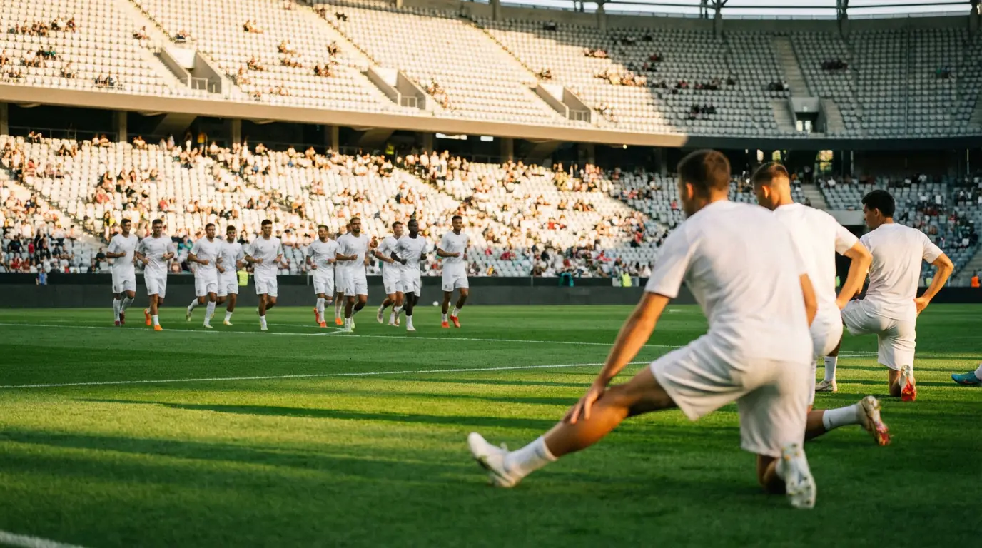 Fußballspieler beim Aufwärmtraining auf einem grünen Rasen vor einem modernen WM-Stadion